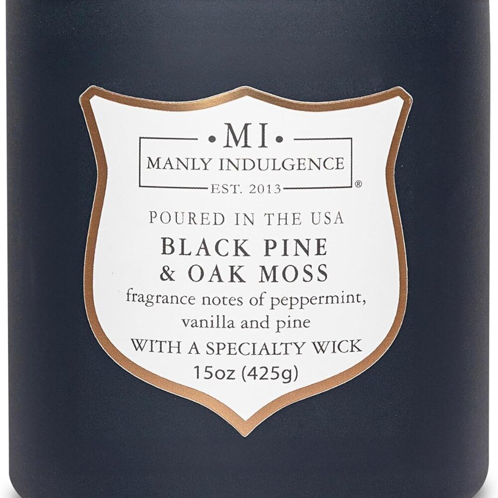 Black Pine Oakmoss Scented Candles for Men, 15 oz Wooden Wick, Premium Soy Blend